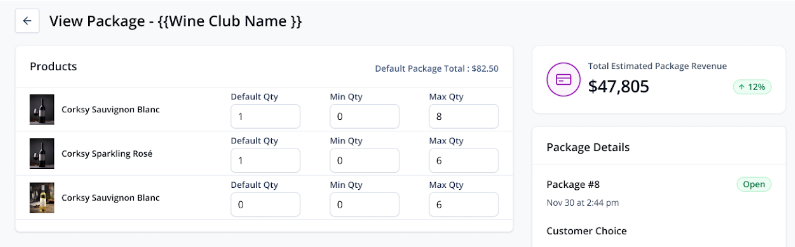 default wine package selection view